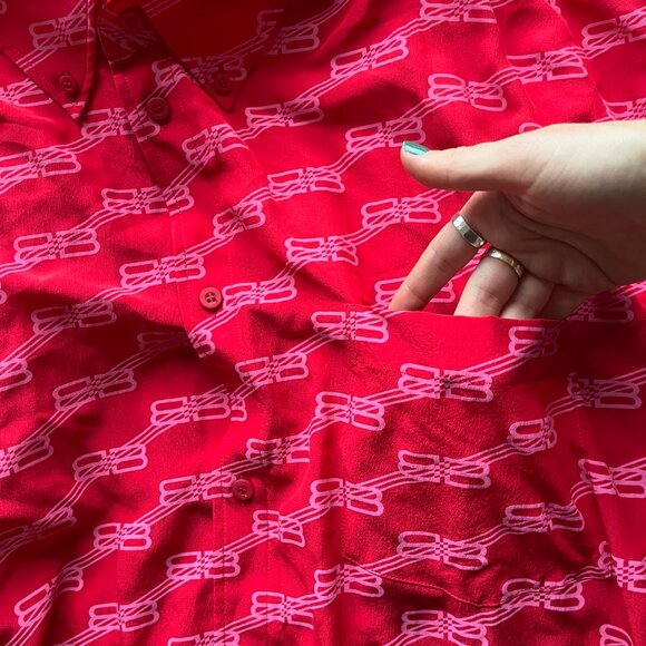 NWT Balenciaga BB Monogram Midi Dress Red Silk Crepe Raw Hem Allover Print Sz 42 - Picture 12 of 12